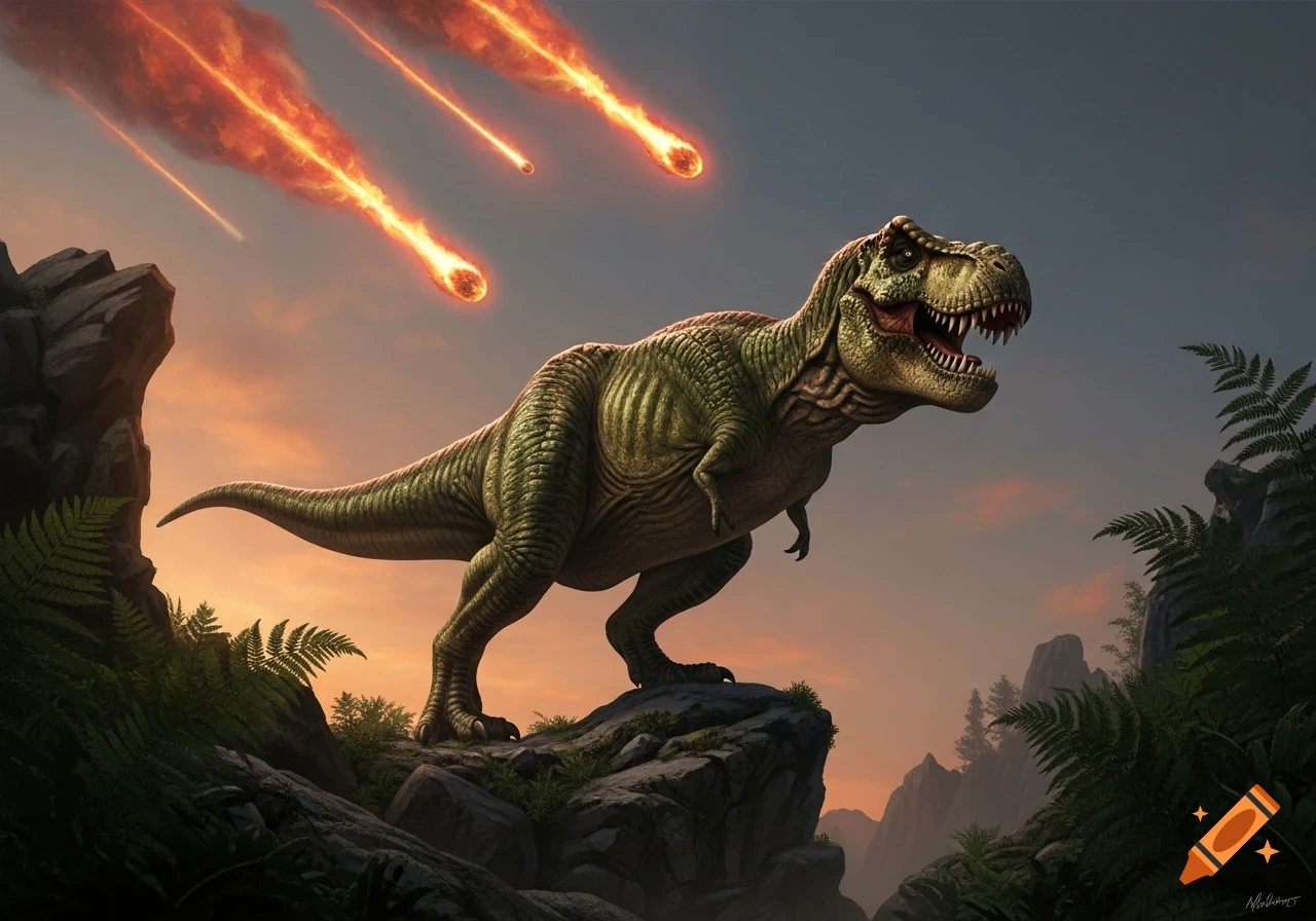 A large green T-Rex stands on rocks, looking up at several fiery meteors falling from an orange and blue sunset sky.