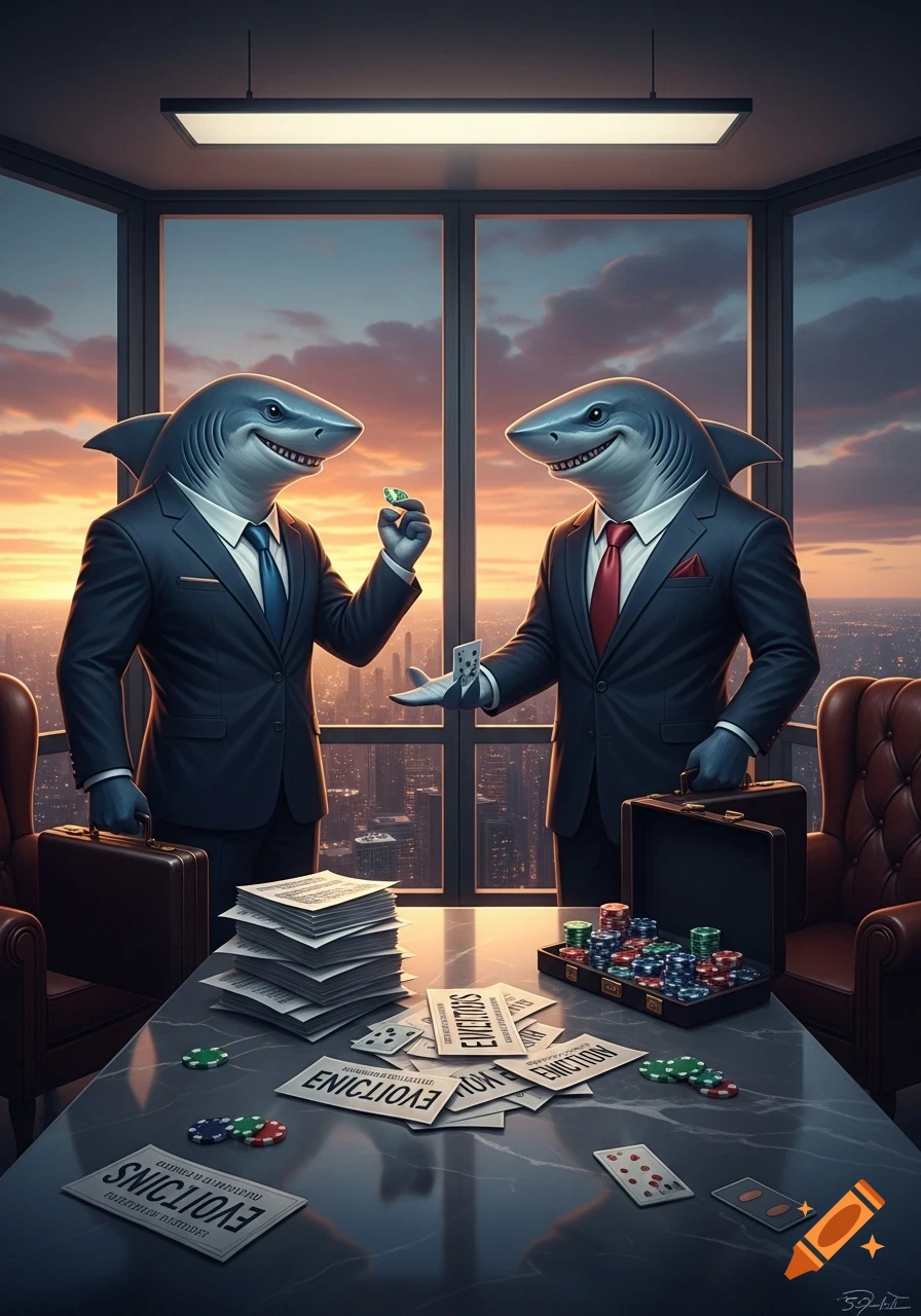 Two anthropomorphic sharks in suits stand in a high-rise office with a city view at sunset, looking at papers and poker chips on a table.