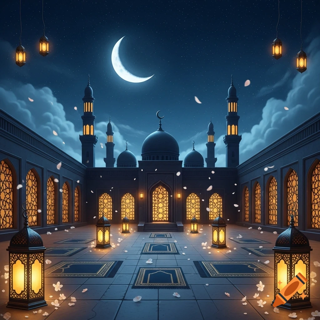 A serene mosque courtyard at night with a crescent moon, starry sky ...