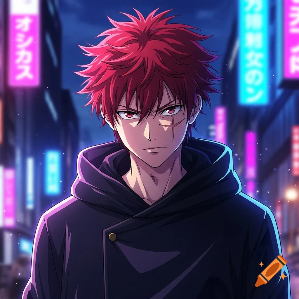 Anime male character with spiky red hair and a scar on his cheek, wearing a black hoodie, standing in a neon-lit night city.