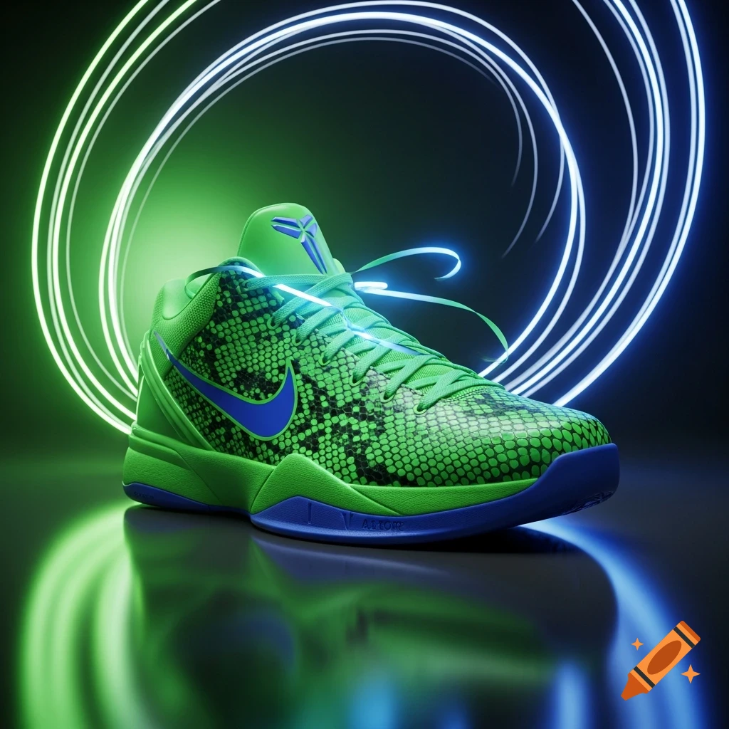 A vibrant green and blue snake-print sneaker with a blue Nike swoosh, surrounded by glowing neon green and blue light trails on a dark reflective surface.