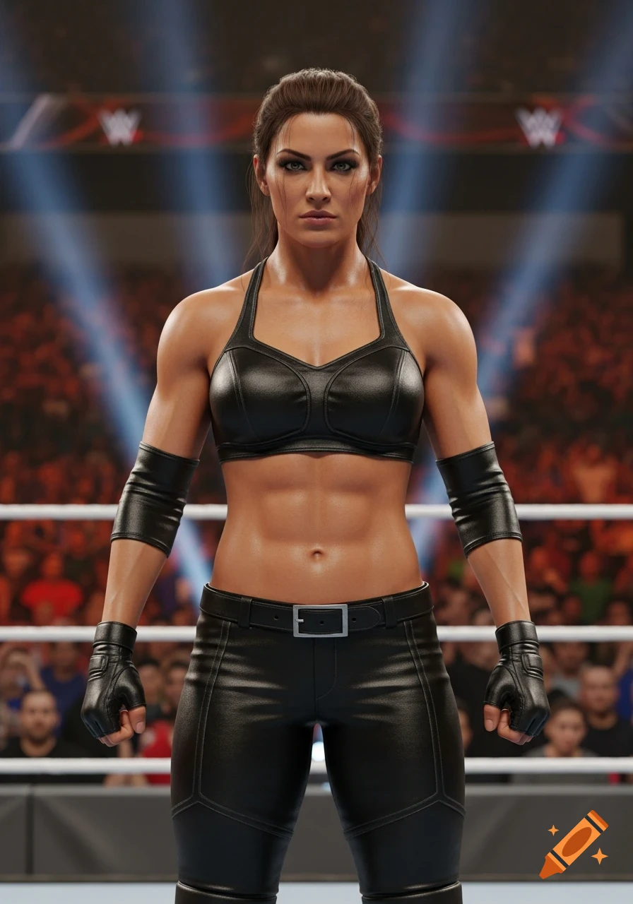 Realistic female professional wrestler in black leather attire stands in a wrestling ring.