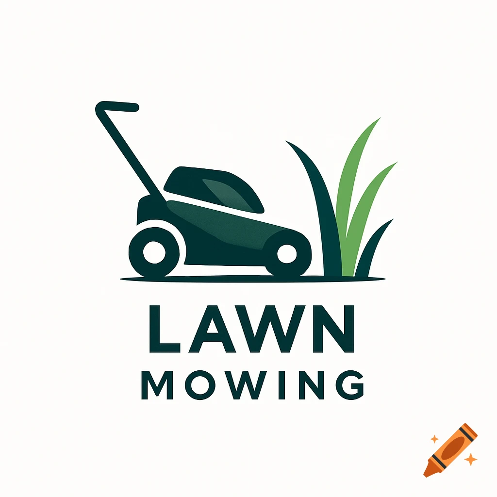 Minimalist logo for lawn mowing with a dark green lawnmower icon and grass, text reads LAWN MOWING.