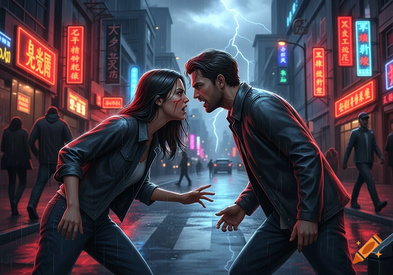 A man and a woman, faces close, screaming at each other on a rainy, neon-lit city street with lightning in the sky.