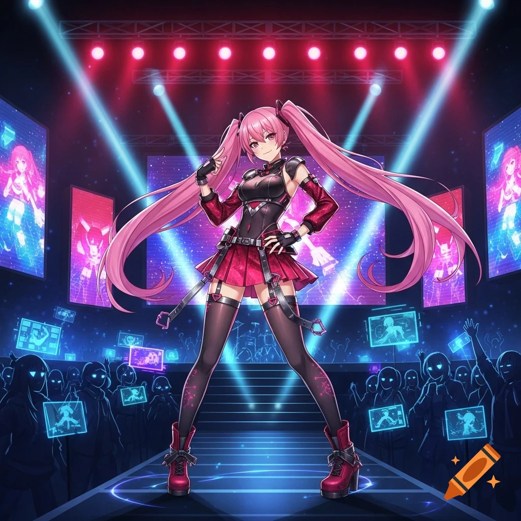Kasane Teto, a pink-haired anime girl, performs on a vibrant stage under spotlights for a silhouetted audience.