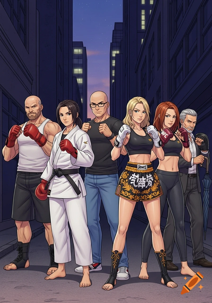 Six diverse martial arts practitioners, including boxers, judoka, and MMA fighters, stand in an urban alley at dusk, in comic book style.