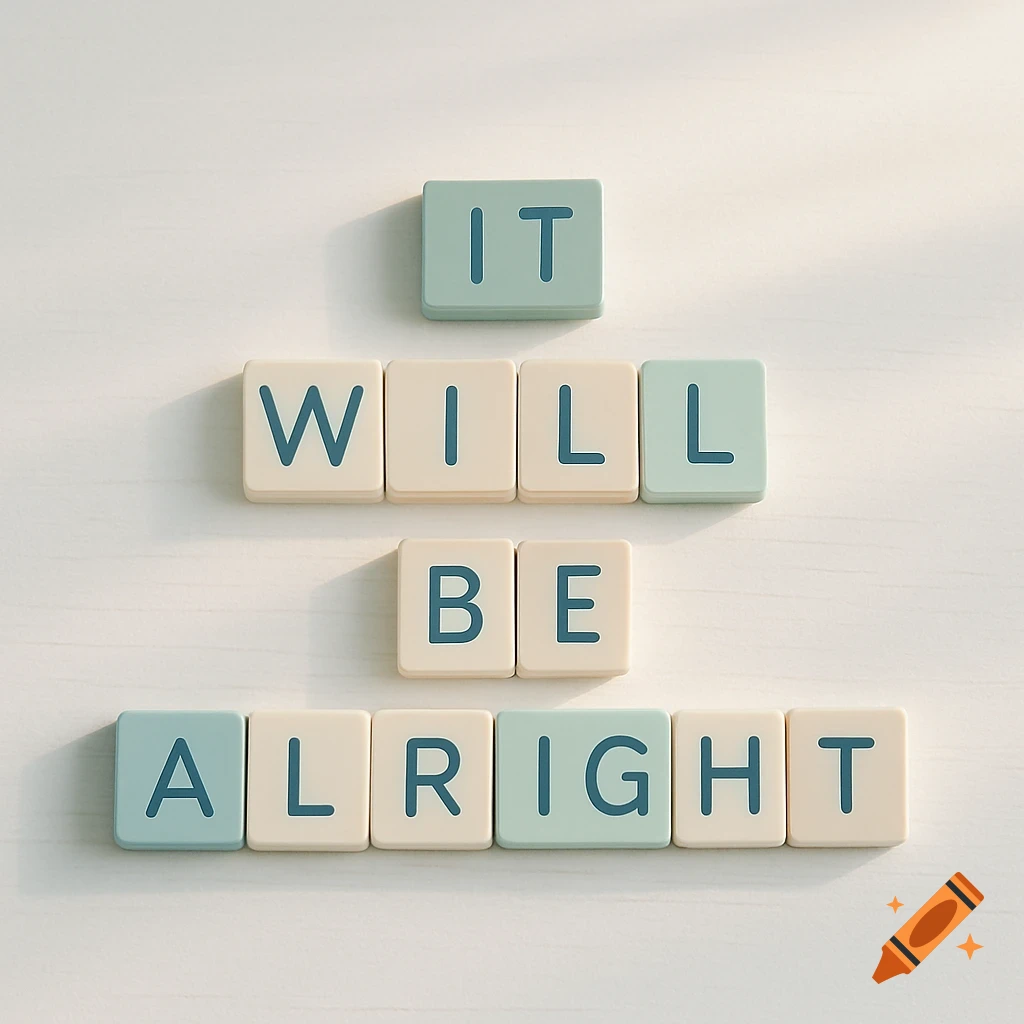 Scrabble-like tiles in light blue and cream spell 'IT WILL BE ALRIGHT' on a white surface in a minimalistic style.