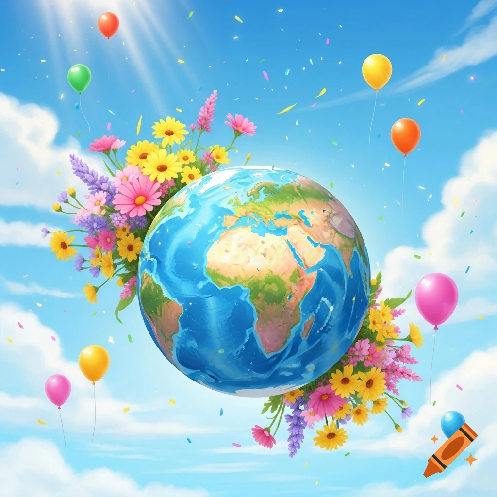 A vibrant cartoon globe encircled by colorful flowers and balloons, floating in a bright blue sky with confetti.