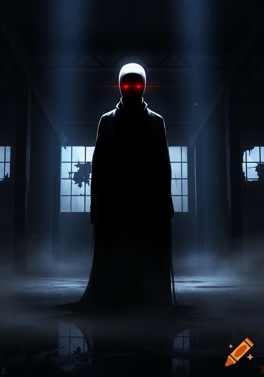 Dark figure with a white head and glowing red eyes stands in a foggy, abandoned industrial building with broken windows.