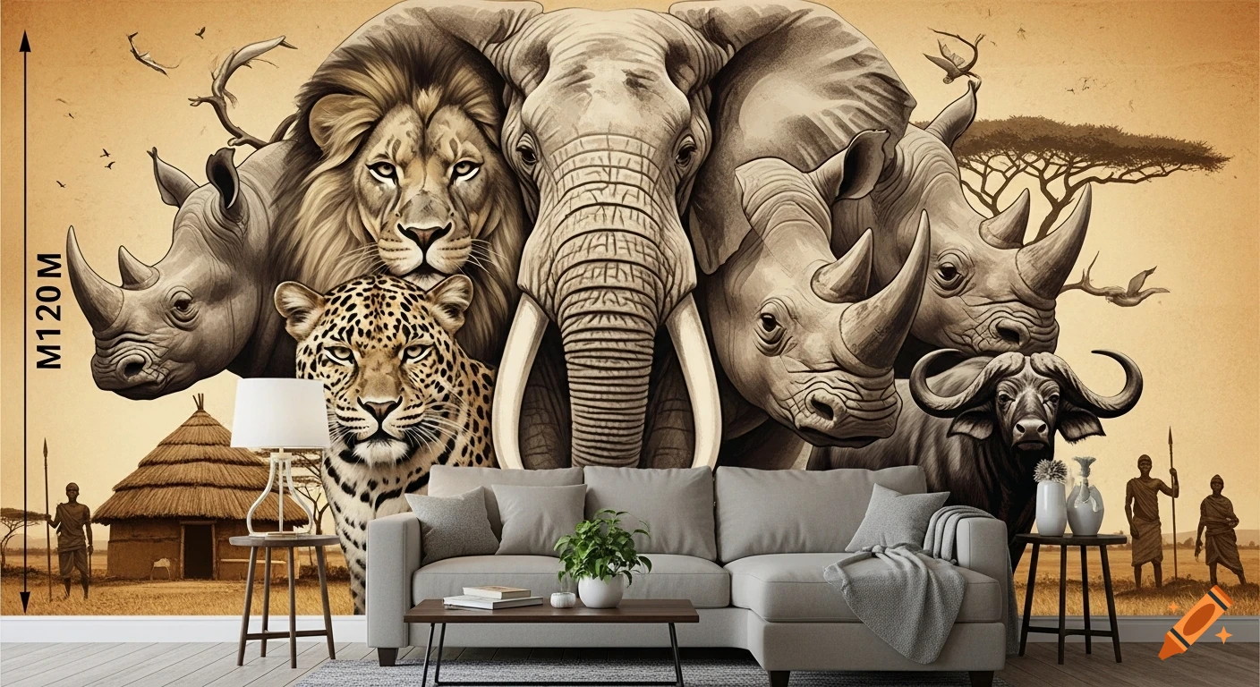 Stylized mural with large, overlapping faces of a lion, elephant, rhinoceros, leopard, and buffalo, against a sepia-toned African landscape with huts and warriors, with a couch in the foreground.