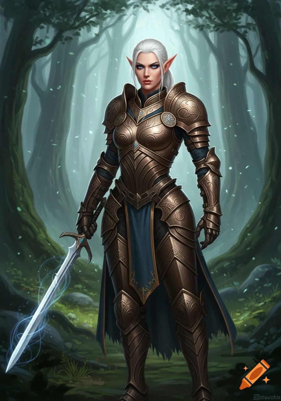 A female elf warrior in bronze plate armor holding a glowing sword stands in a magical forest. High fantasy style.