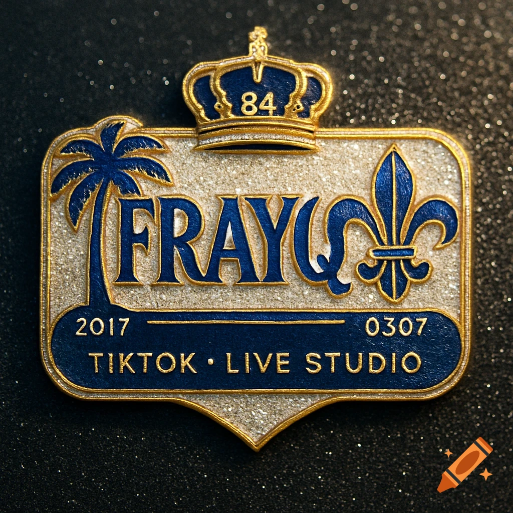 A glittery golden and blue logo with a crown, 'FRAYQC', a palm tree, fleur-de-lys, and '2017 TIKTOK • LIVE STUDIO'.