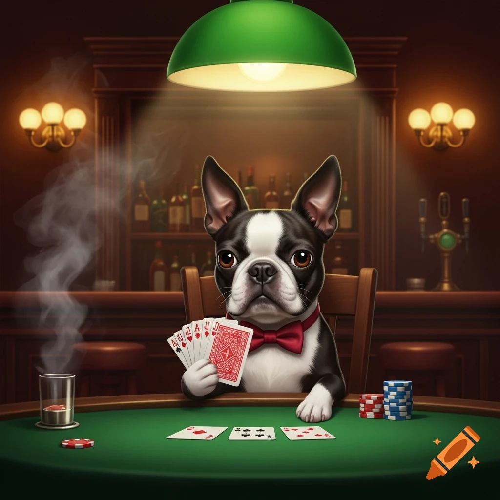 A cute Boston terrier wearing a red bow tie plays poker at a green table in a dimly lit bar, holding a hand of cards.