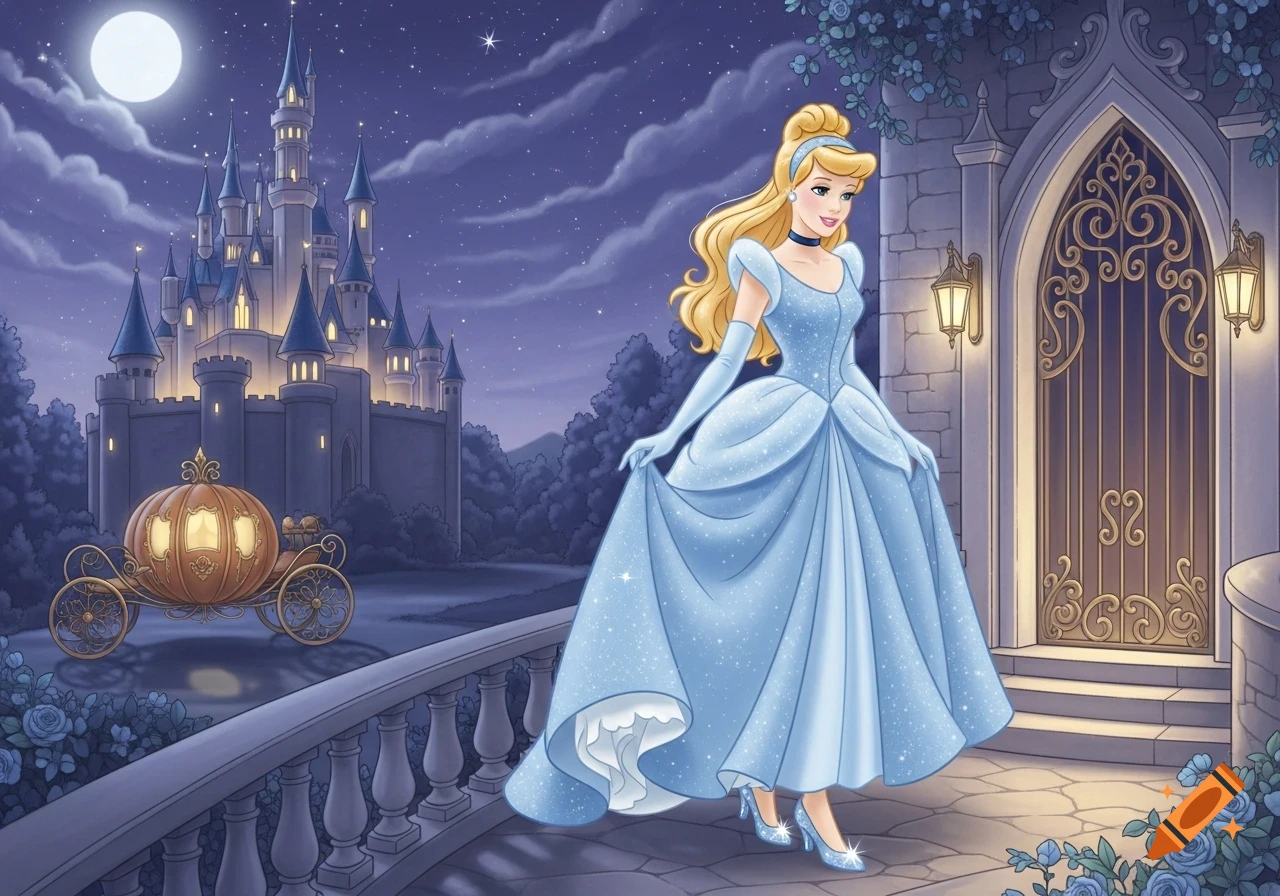 Cinderella in a sparkling blue gown stands on a balcony before a grand castle and pumpkin carriage under a full moon, in a fairytale illustration style.