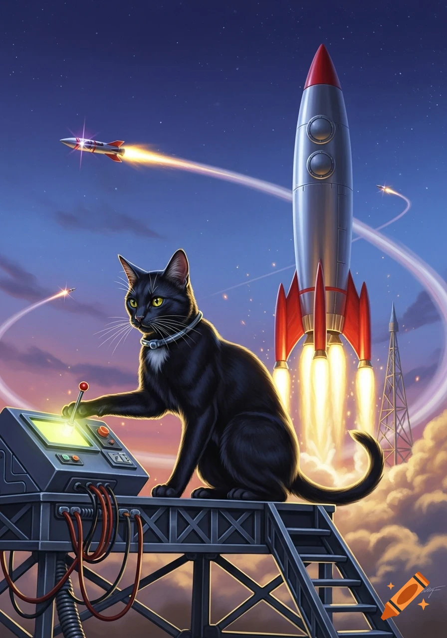 A black cat operates a control panel on a launchpad, launching a large rocket. Another rocket flies in the starry night sky. Digital art.