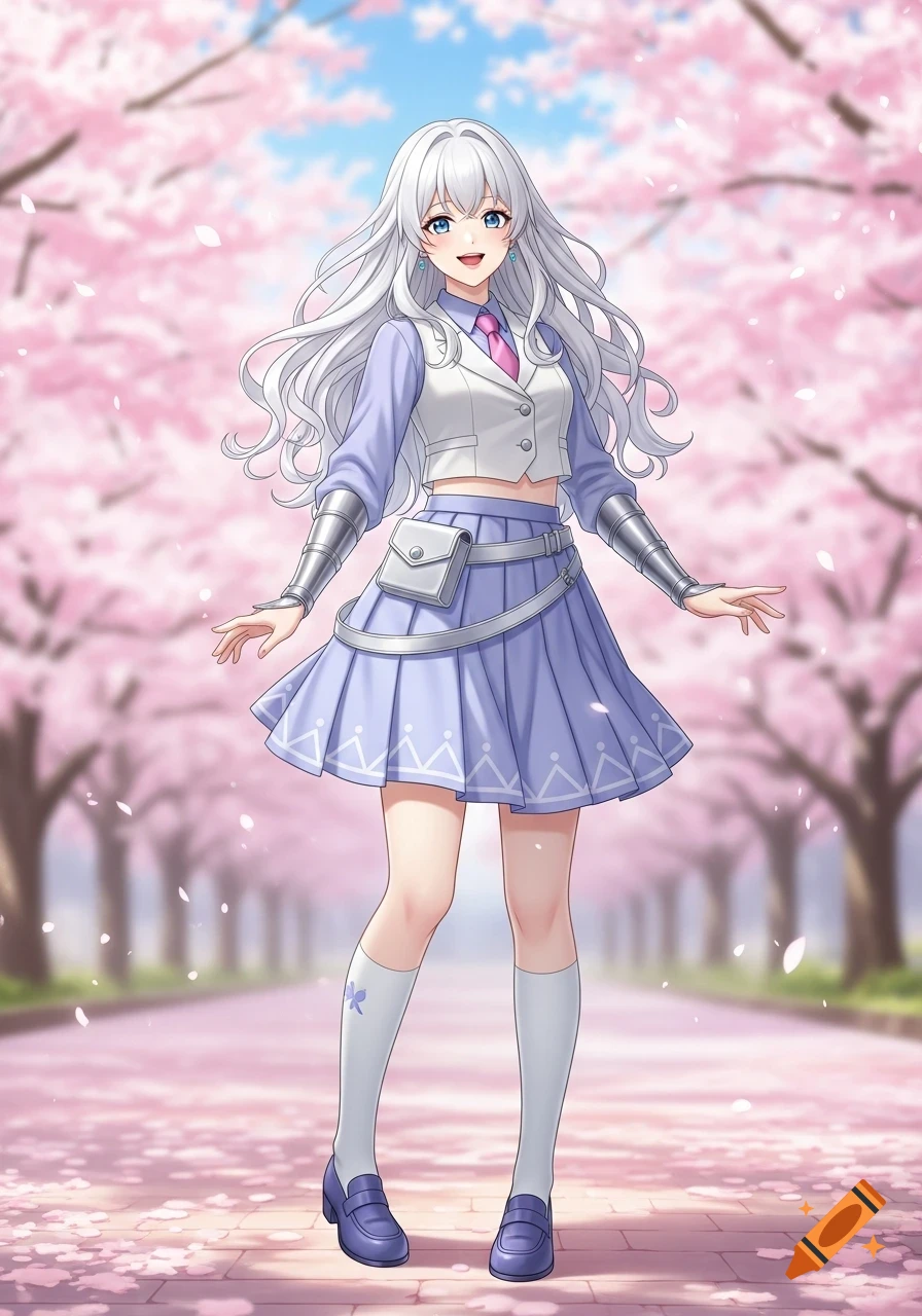 Anime girl with long white hair and blue eyes, wearing a periwinkle and white outfit, smiling in a cherry blossom park.