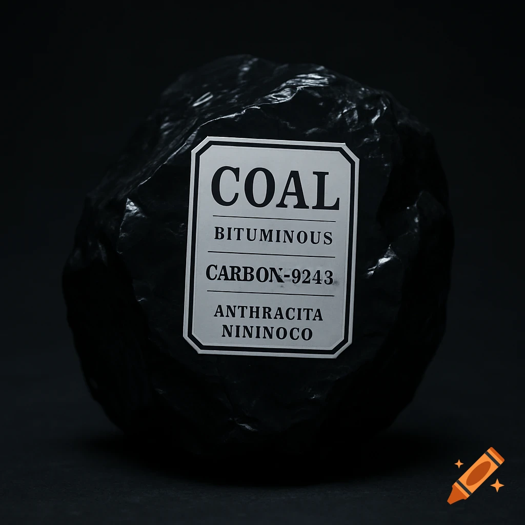 A close-up, photorealistic image of a dark lump of coal with a white label reading "COAL BITUMINOUS CARBON-9243 ANTHRACITA NININOCO".
