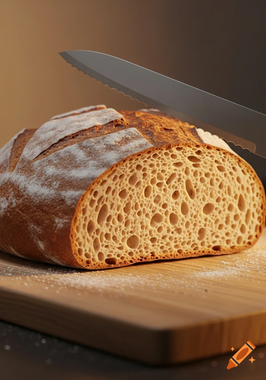 A rustic loaf of bread, sliced open to reveal its porous interior, rests on a wooden cutting board with a serrated knife.