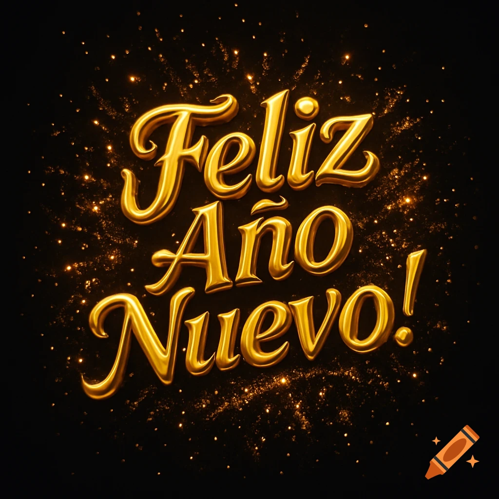 Golden 3D text '¡Feliz Año Nuevo!' with sparkling glitter against a black background.