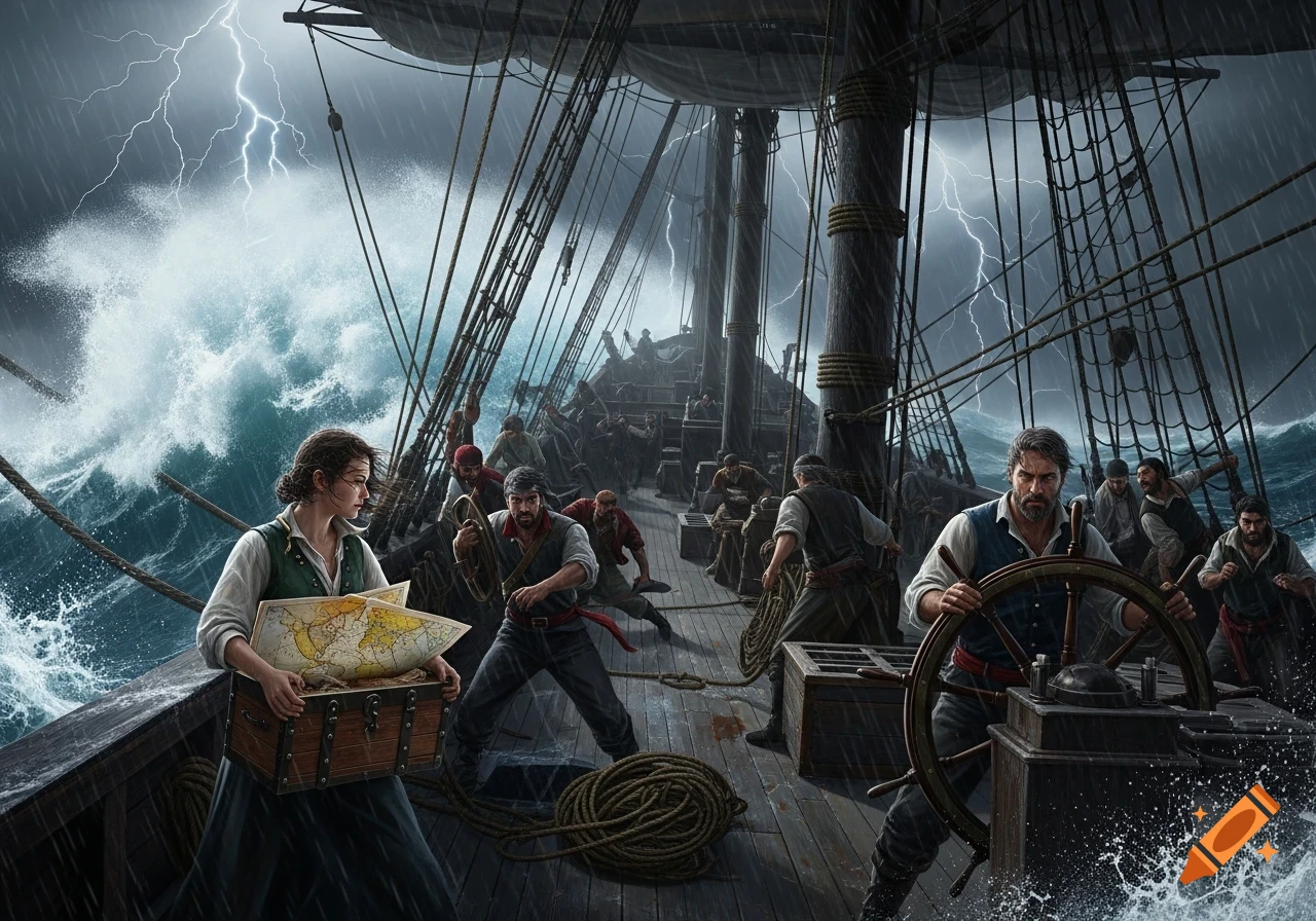 A dramatic, photorealistic painting of a sailing ship battling a violent storm, with lightning, crashing waves, and tense sailors, including a woman holding maps and a captain at the wheel.