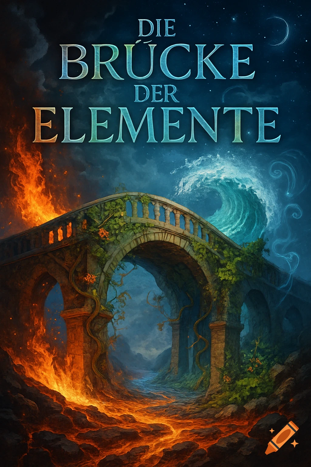 A fantasy book cover titled "DIE BRÜCKE DER ELEMENTE" showing a stone bridge connecting a fiery lava landscape with a stormy ocean scene.