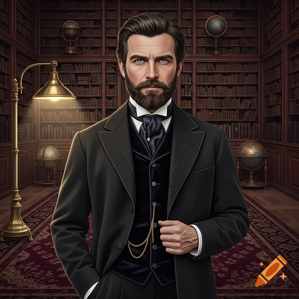 A dapper Victorian man with a beard and mustache stands in a dimly lit library surrounded by bookshelves, globes, and a brass lamp.