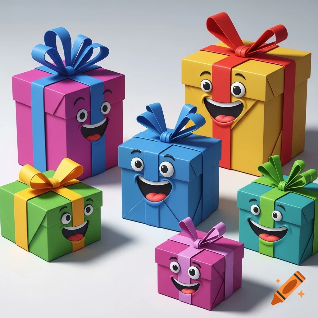 Five colorful gift boxes with happy cartoon faces and bows on a light background.