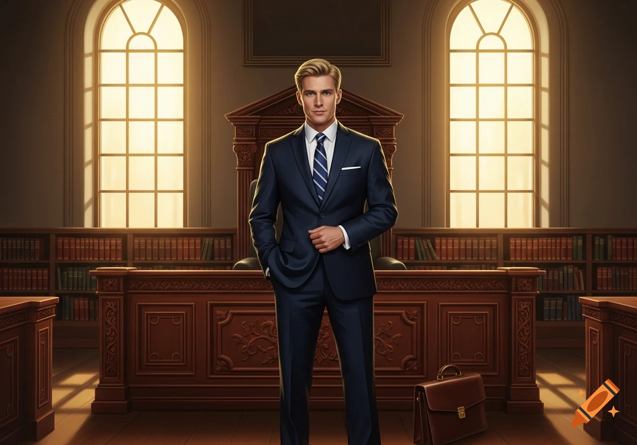 A blond man in a dark suit and striped tie stands in a courtroom with large windows and bookshelves.