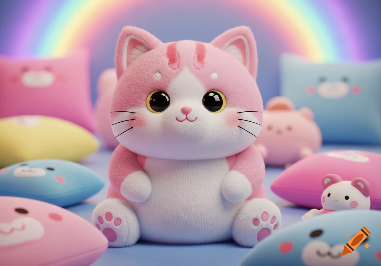 A fluffy pink and white kawaii cat plushie sits surrounded by soft pastel pillows with a rainbow in the background.