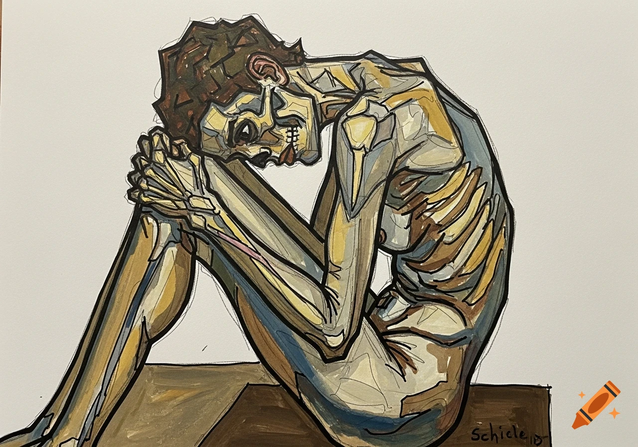 An expressionistic gouache sketch in Egon Schiele's style shows a hunched, emaciated figure with visible ribs and bones.