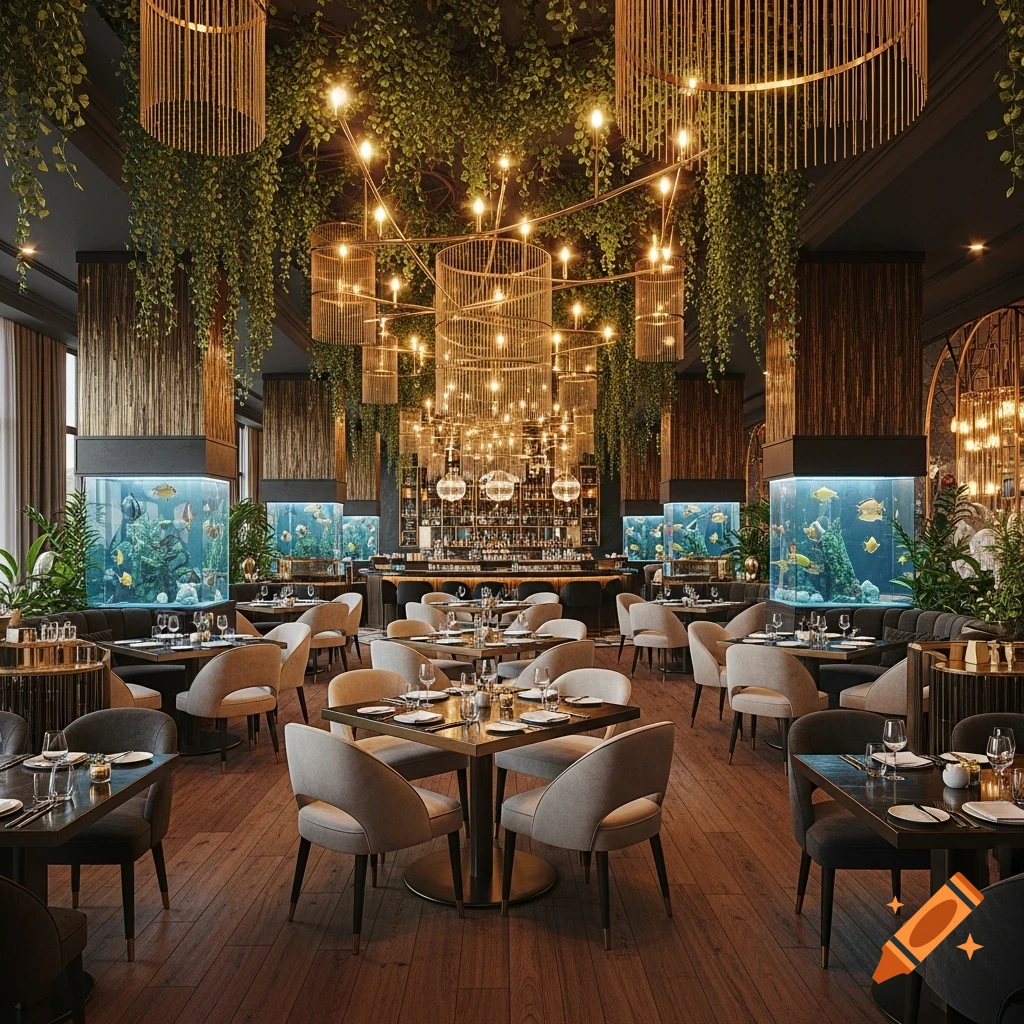 High-end restaurant interior with a bar, hanging plants, golden chandeliers, and multiple large aquariums. Modern tables and chairs on wooden floors.