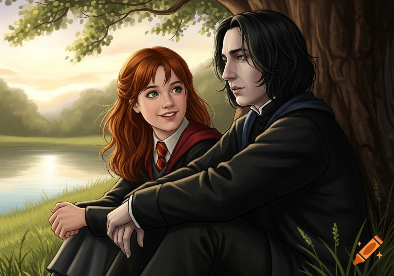 An illustrated scene of a young red-haired woman and a dark-haired man, reminiscent of Hermione and Snape, sitting under a tree by a lake at sunset.