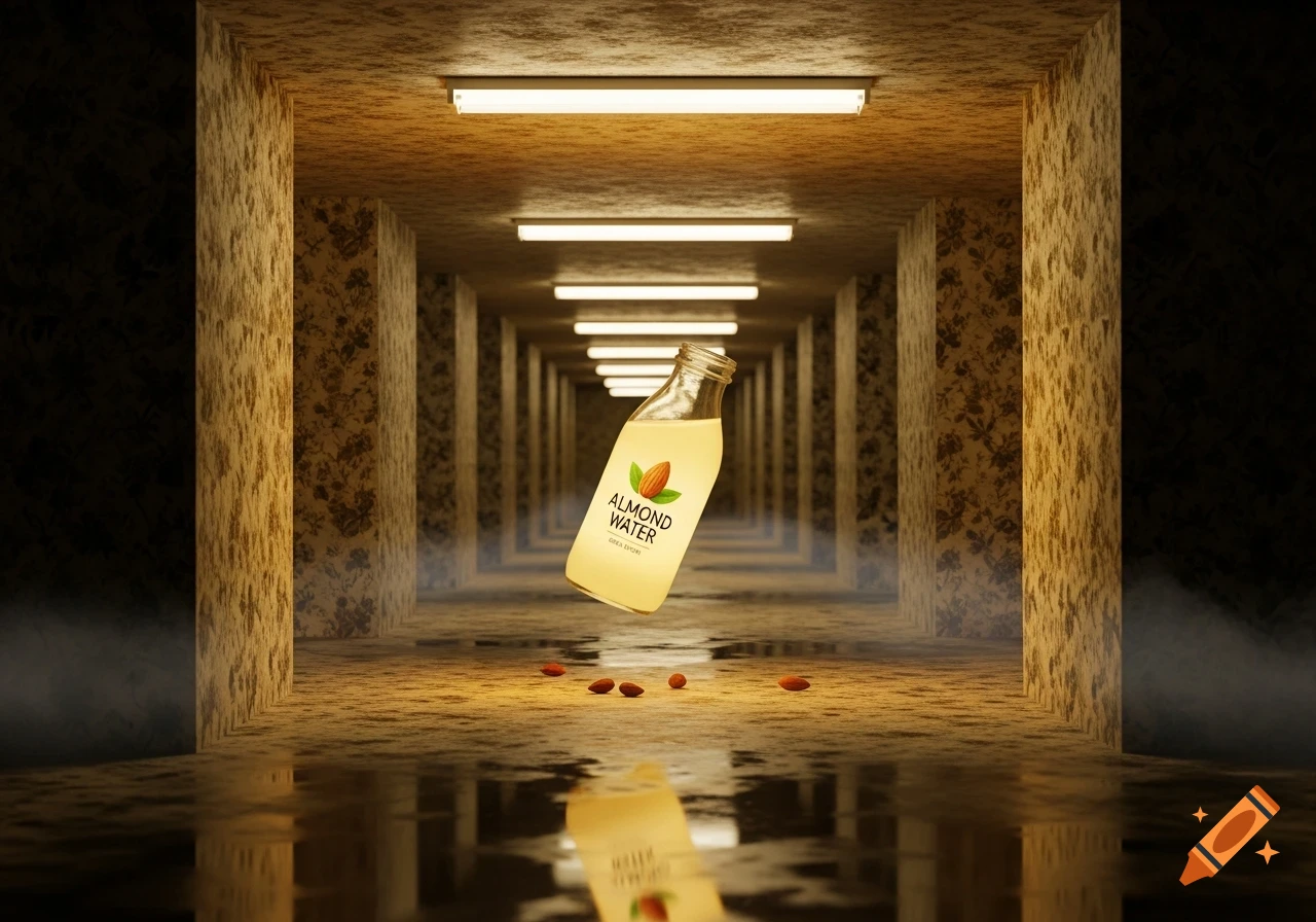 A bottle of almond water with loose almonds floats in a dimly lit, long corridor with textured walls and ceiling lights, rendered in a photorealistic style.
