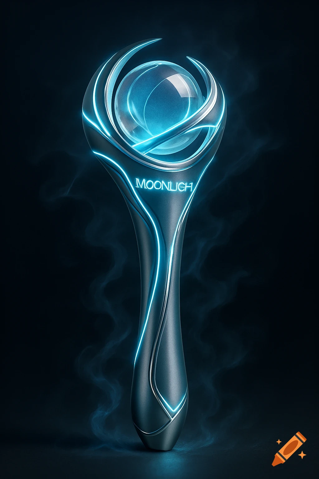 A futuristic, sleek concert light stick with glowing blue neon accents and a central sphere, set against a dark background.