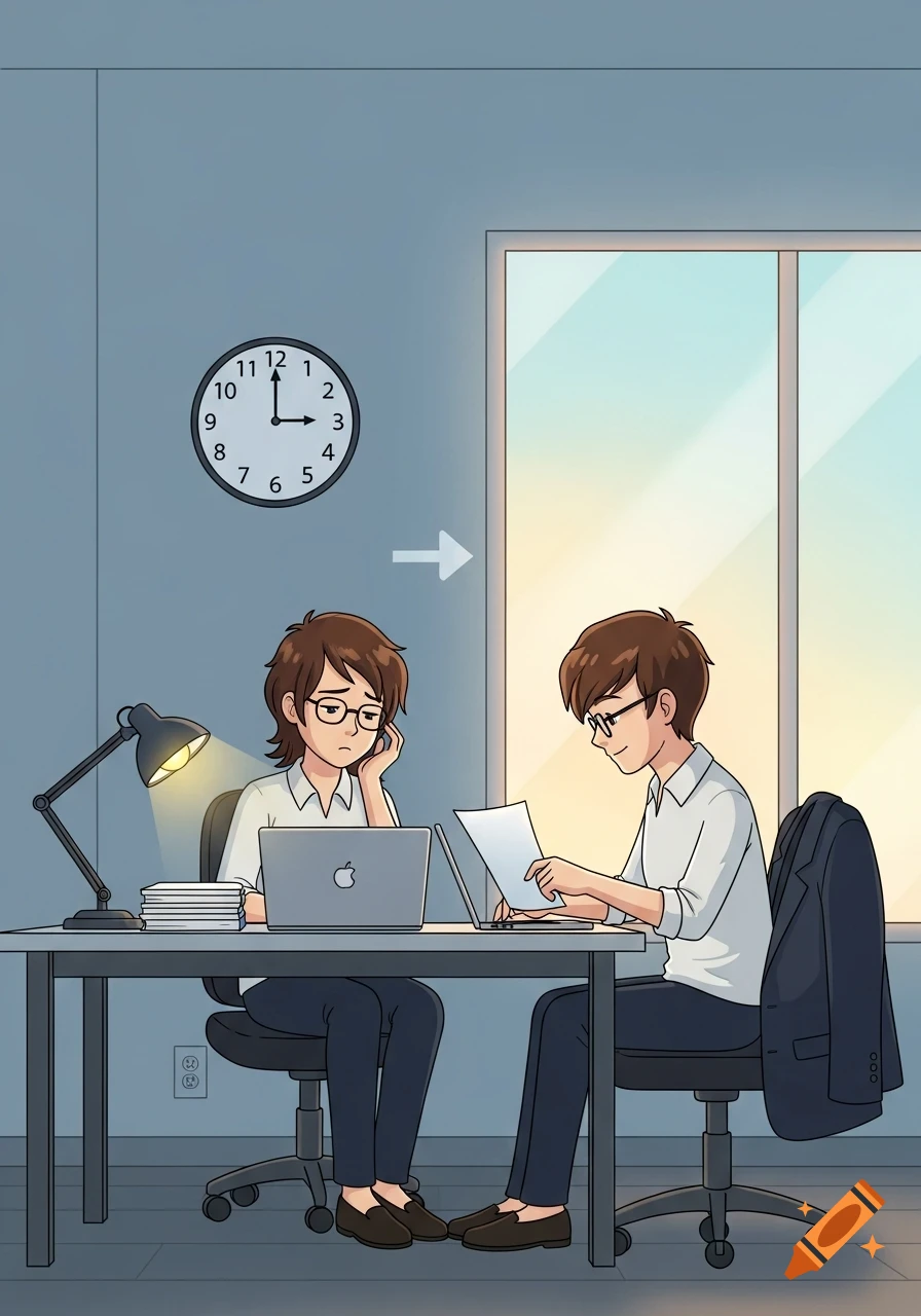 Cartoon of a man at an office desk, transitioning from tired at 3 PM to happy and ready to leave work.