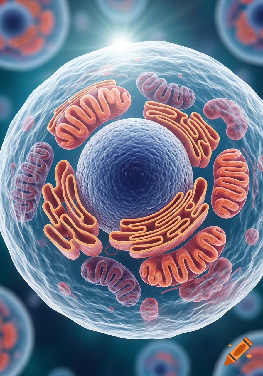Detailed 3D rendering of a human cell with nucleus, mitochondria, and endoplasmic reticulum.
