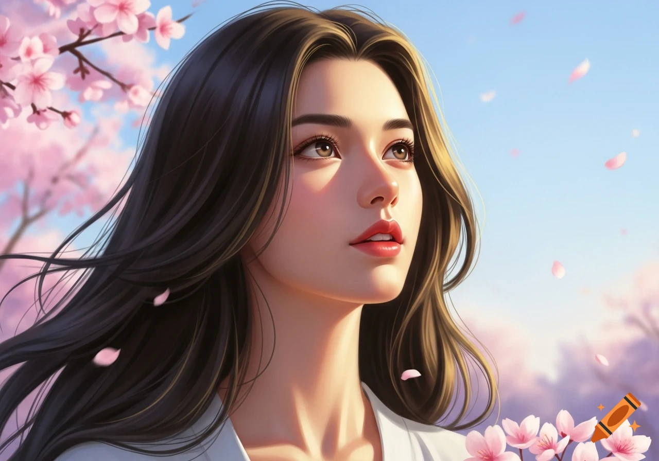A beautiful stylized woman with long dark hair looks up at cherry blossoms under a blue sky, digital art.