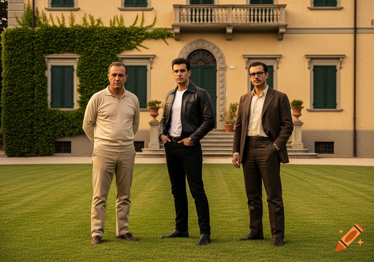 Three serious men, dressed in a beige top, leather jacket, and brown suit, stand on a lawn before an Italian villa.