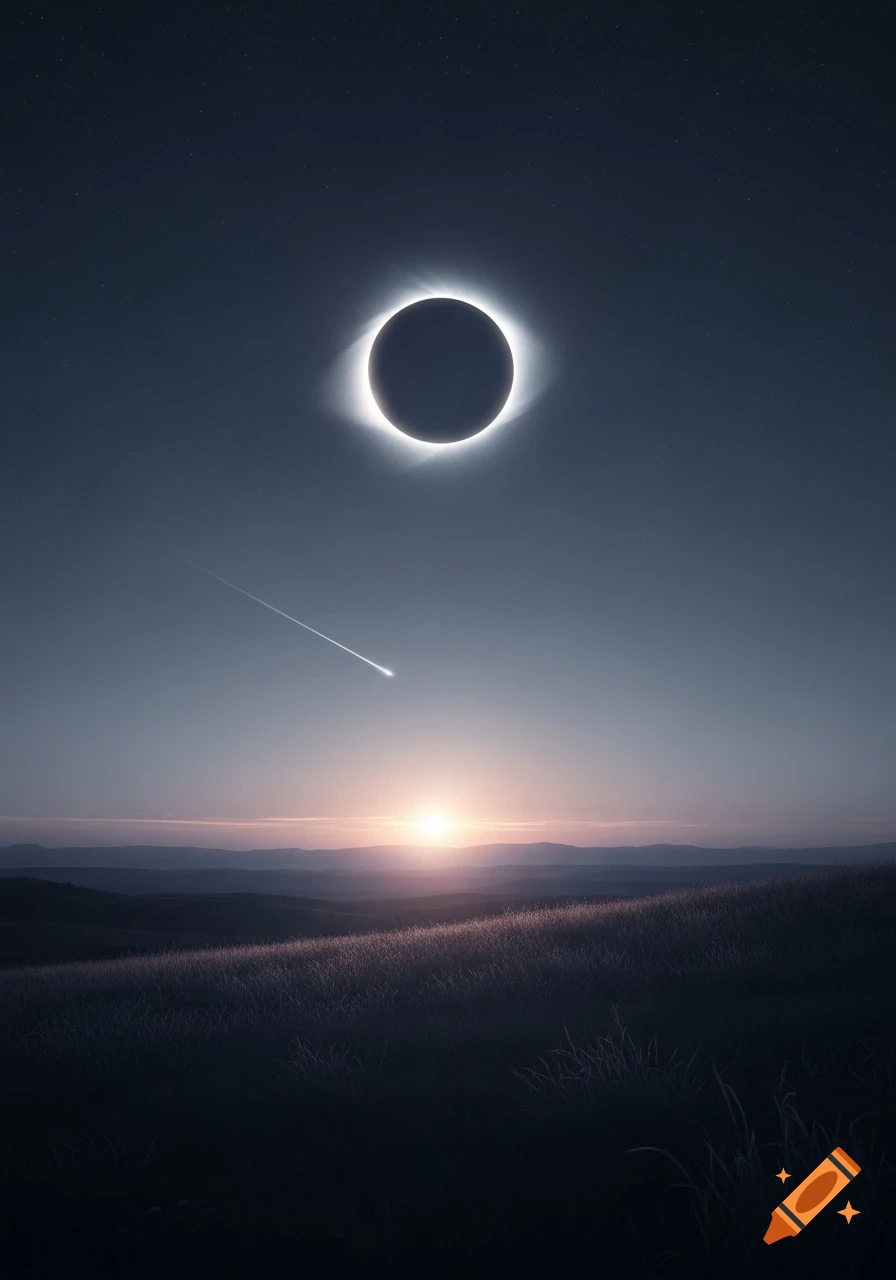 A total solar eclipse with a bright corona and a shooting star over a dark landscape with a sunrise on the horizon.