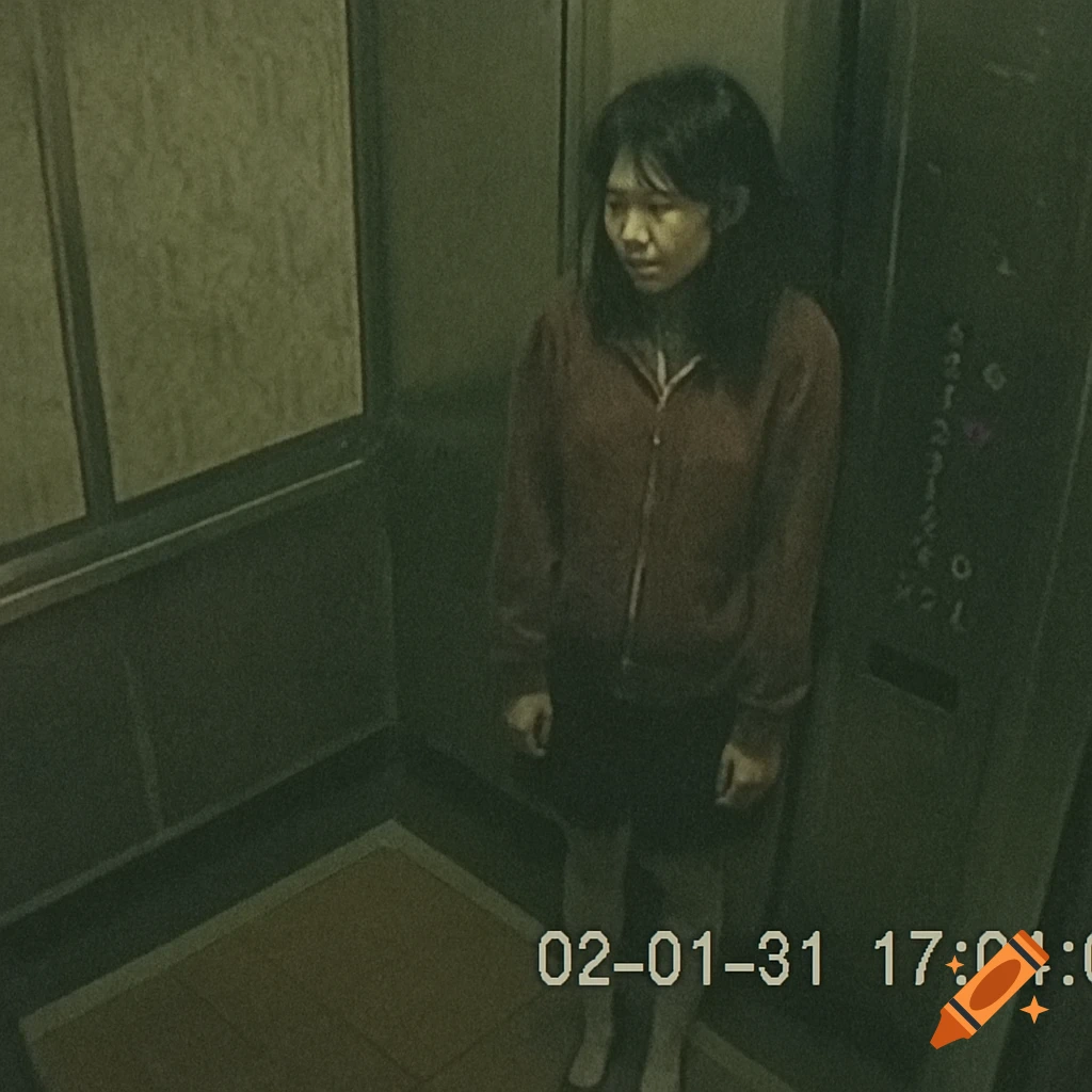A grainy, green-tinted CCTV still shows a woman with dark hair in a red zip-up jacket and black skirt standing in an elevator, with a date and time stamp at the bottom.