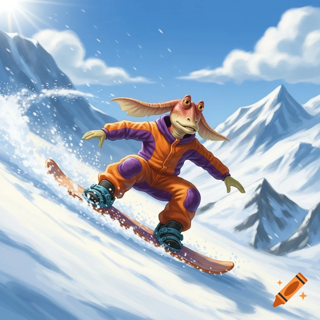 Jar Jar Binks snowboarding down a snowy mountain under a bright sun.