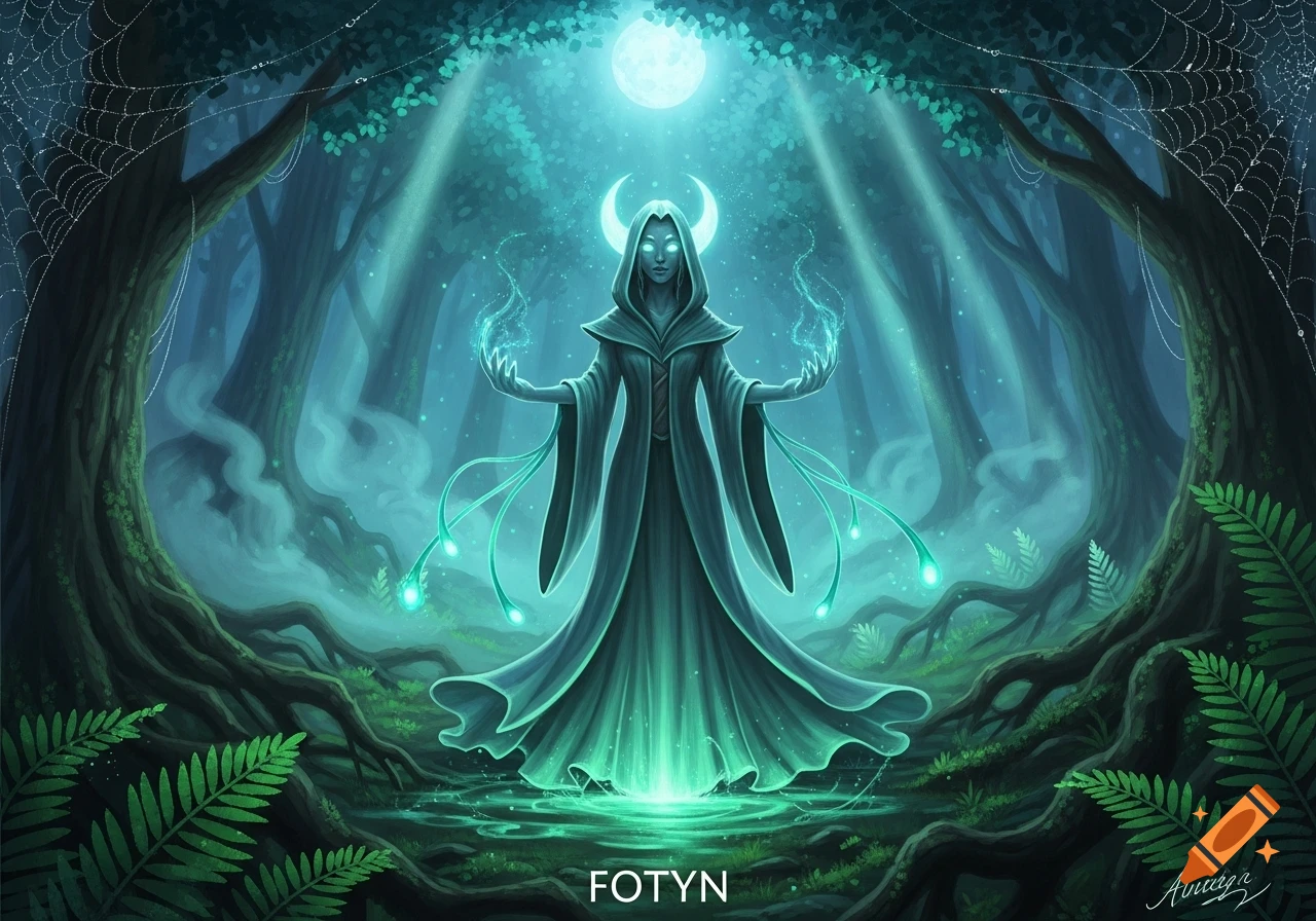 A robed figure with glowing eyes and crescent horns raises their hands, conjuring green energy in a moonlit, mystical forest with spiderwebs and ferns.
