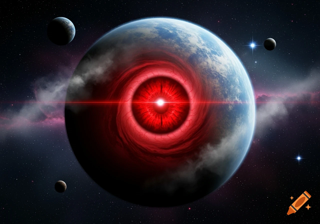 A giant planet with a glowing red eye and veins dominates a star-filled space with smaller planets and nebula clouds.