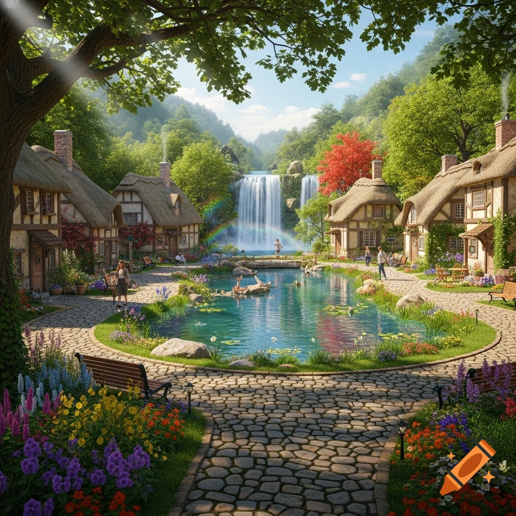An idyllic fantasy village with thatched-roof cottages surrounding a lake, a waterfall and rainbow in the background, under dappled sunlight.