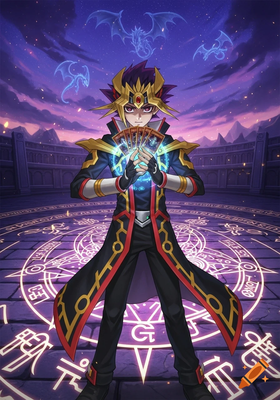 Anime character Yugi Muto in a long coat holds glowing cards, surrounded by magic symbols and spectral dragons in a stadium at sunset.