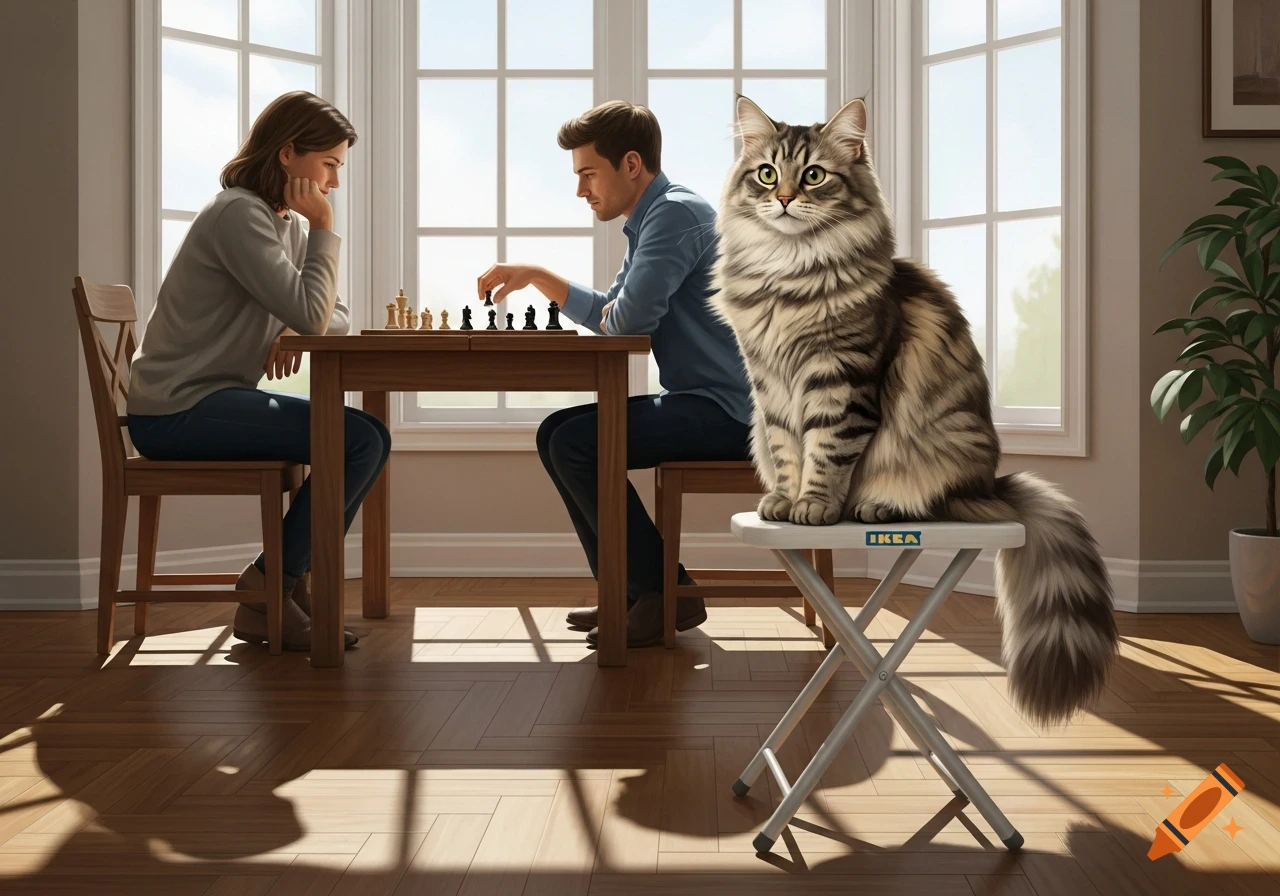 A man and woman play chess at a table while a fluffy tabby cat sits on an IKEA stool beside them, bathed in sunlight.