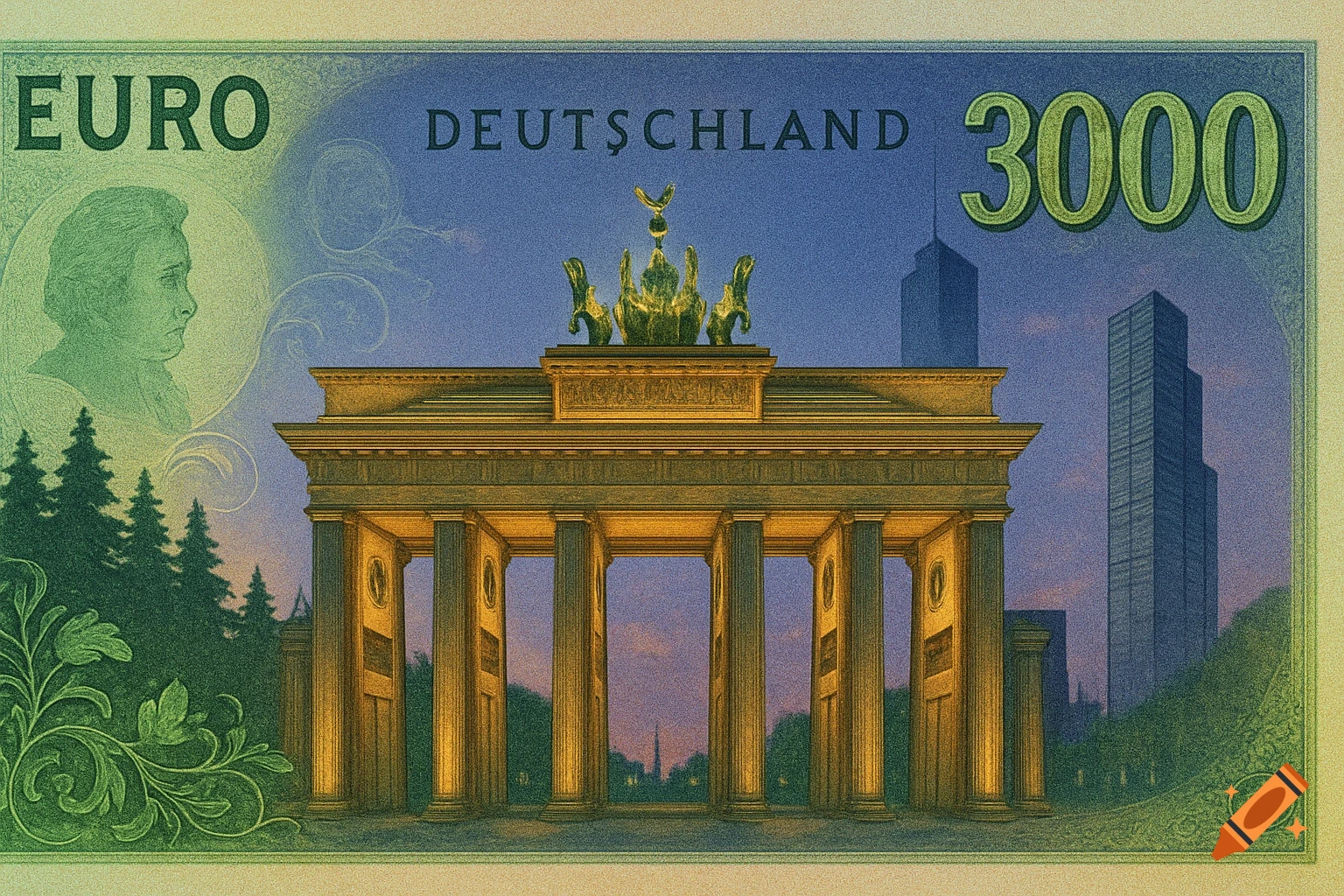 Stylized 3000 Euro banknote featuring the Brandenburg Gate, a portrait, and 'DEUTSCHLAND' on a textured background.