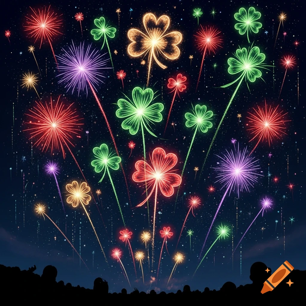 Colorful fireworks shaped like shamrocks and starbursts explode in a dark night sky above a silhouetted crowd.