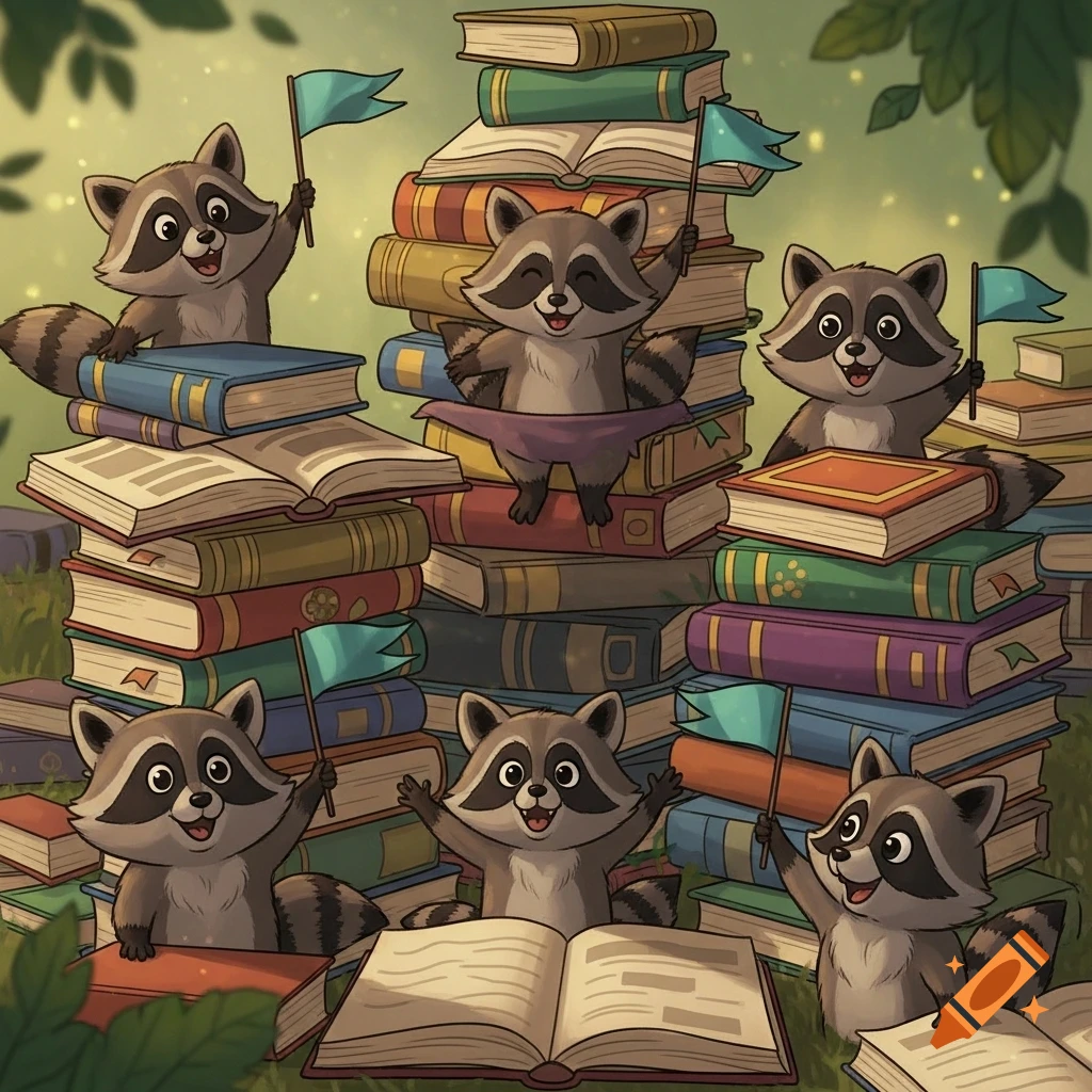 Six cute cartoon raccoons happily pose among tall stacks of colorful books, some holding teal flags in a whimsical forest setting.