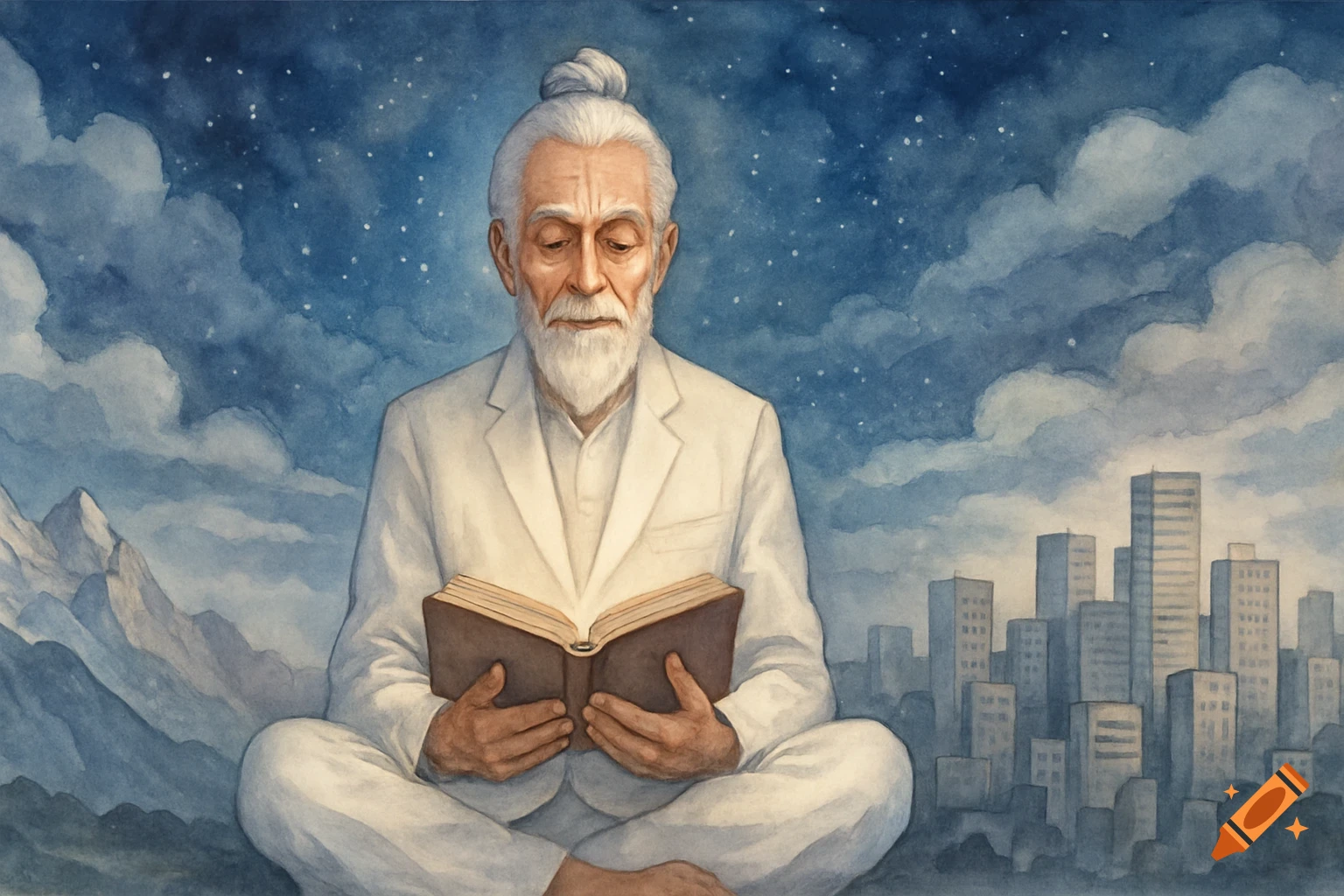 Watercolor of a wise, white-haired man with a bun and beard sitting in lotus pose, reading a glowing book under a cosmic sky with mountains and a city skyline.